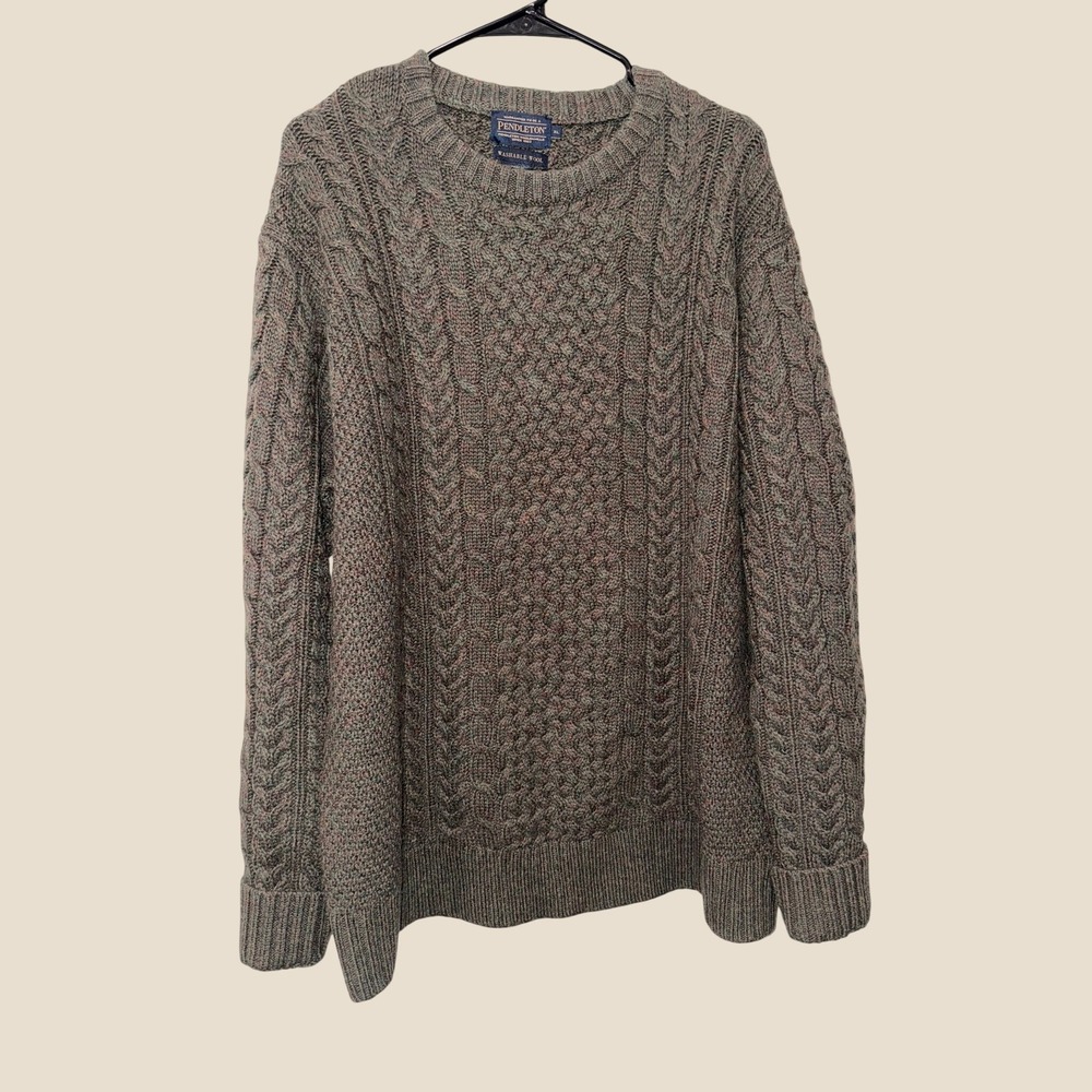 Pendleton Mens XL Washable Wool Cable Knit Sweater Green Marled RF481-74516